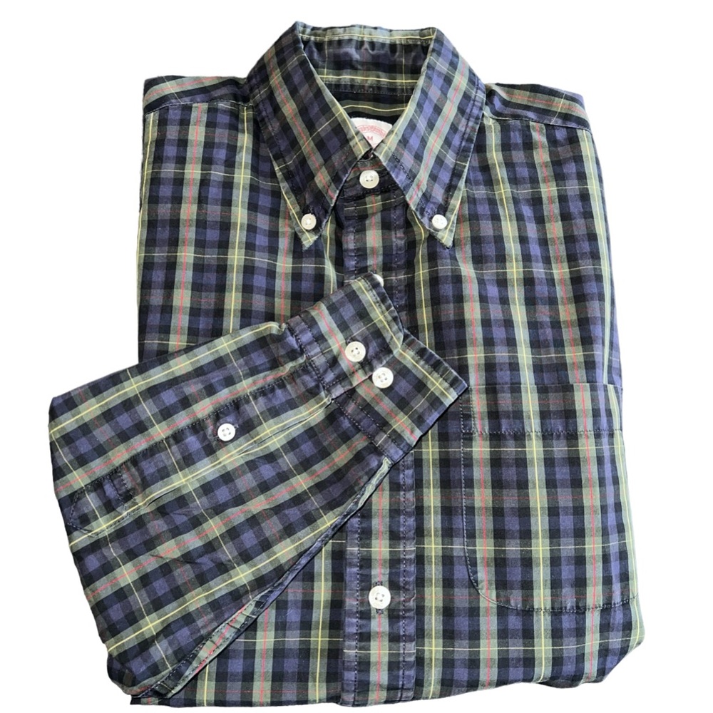 Brooks Brothers Traditional Fit Plaid Button Down Navy, Green & Black Medium